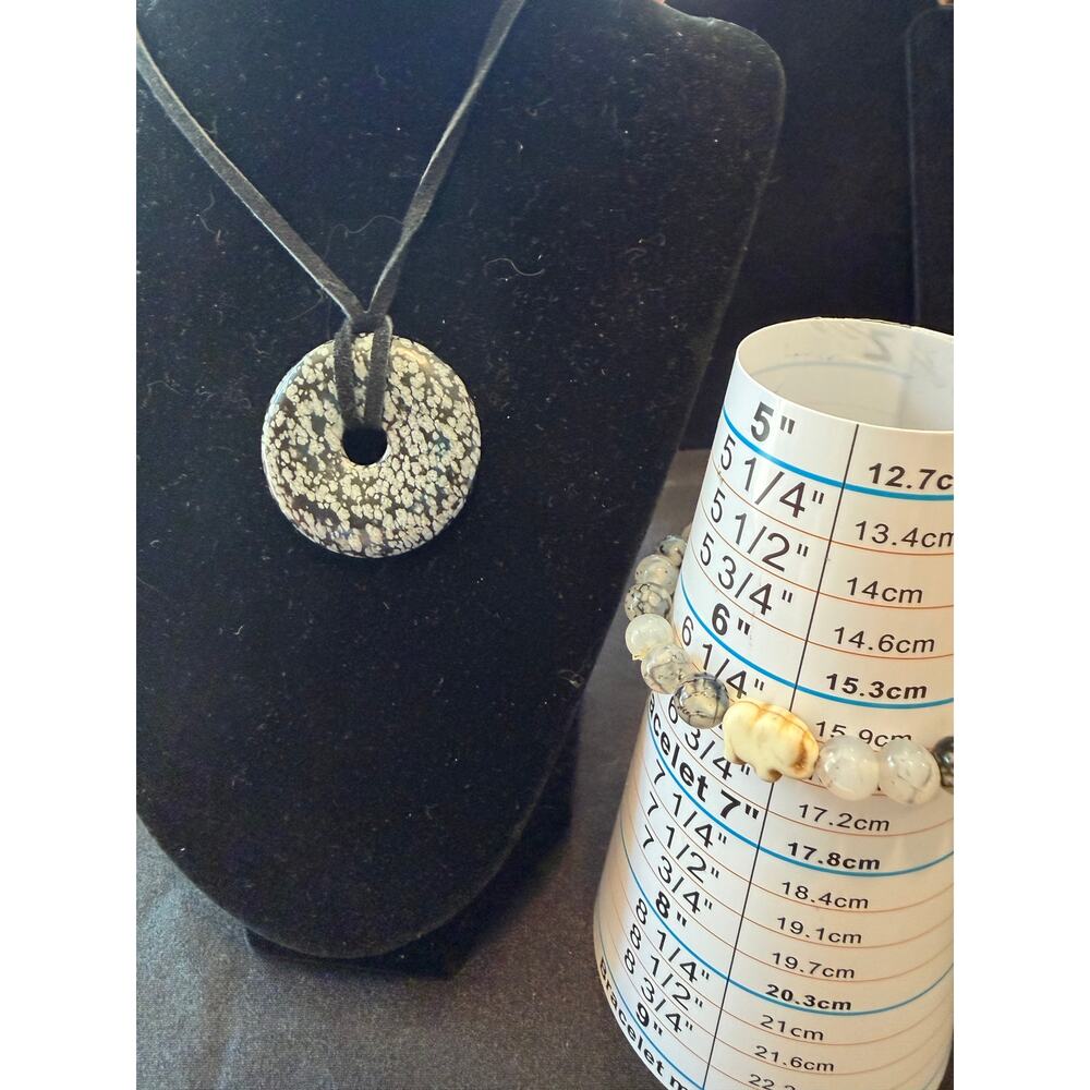Natural Obsidian Stone Jewelry Set Necklace and Bracelet in Black & Gray tones